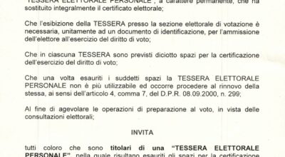 Rinnovo tessera elettorale personale per esaurimento degli spazi della certificazione dell’esercizio al diritto di voto