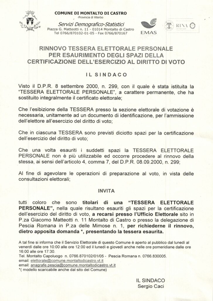 Rinnovo tessera elettorale personale per esaurimento degli spazi della certificazione dell’esercizio al diritto di voto