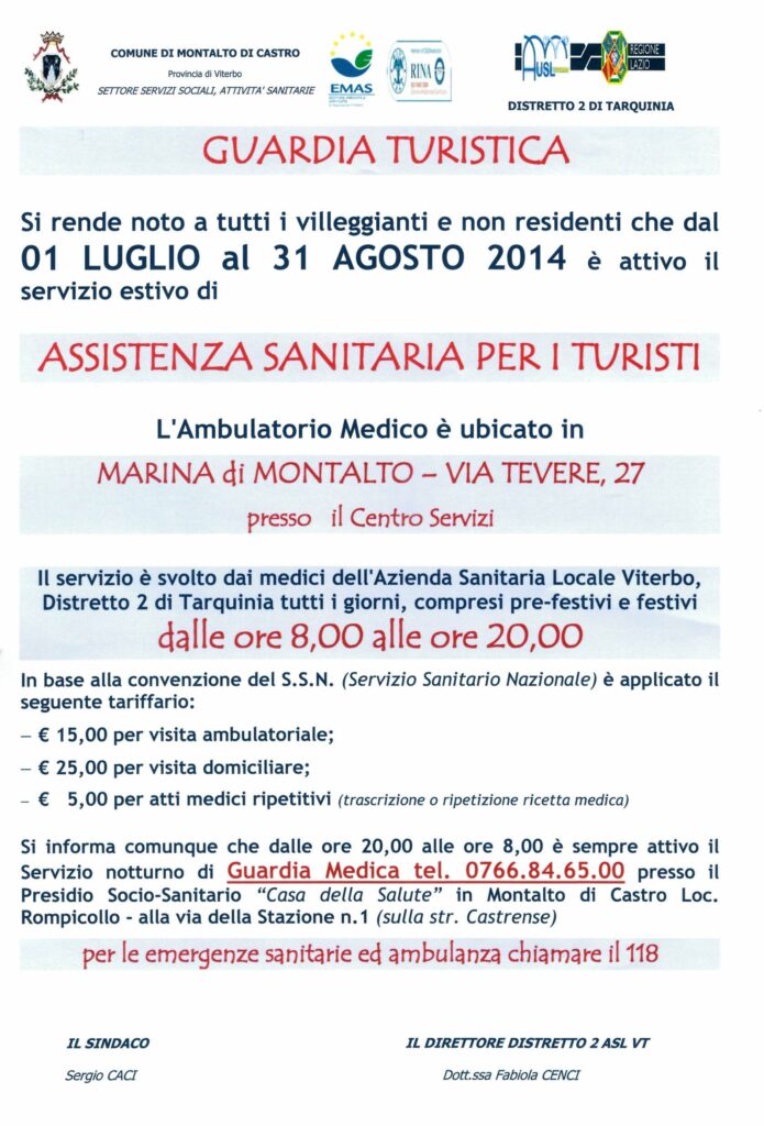 Apertura ambulatorio assistenza sanitaria turistica a Montalto Marina