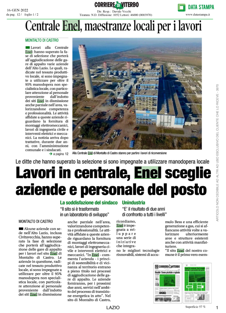 Rassegna stampa – Lavori in centrale, Enel sceglie aziende e personale del posto